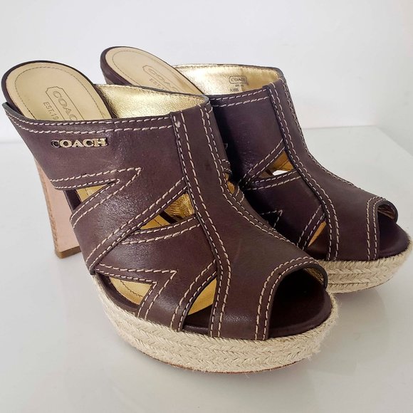 Coach Zeena Brown Leather Platform Sandals Size 7 - Picture 1 of 6